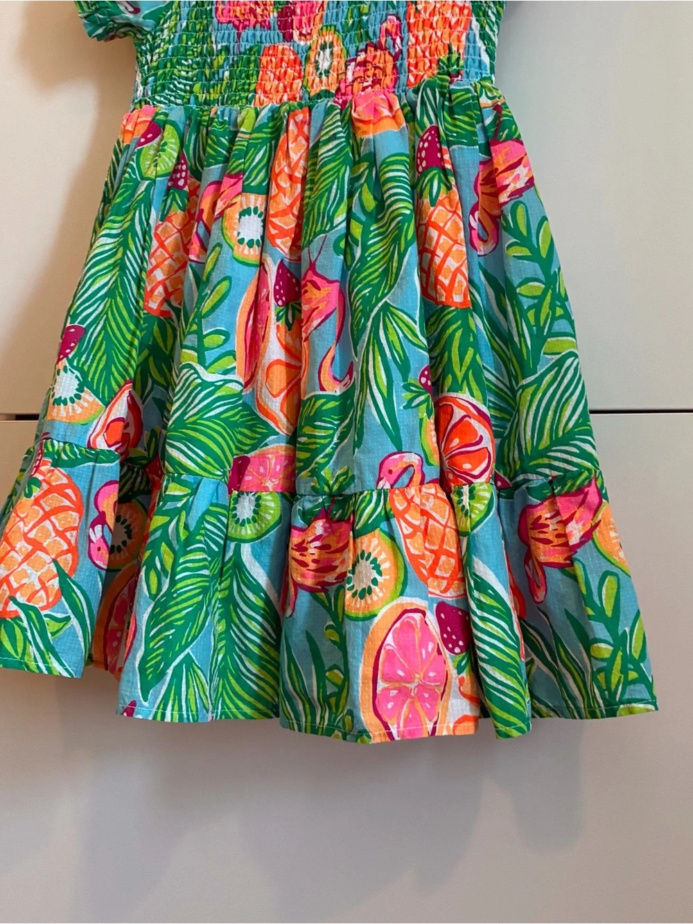 Girls' Tropical Green Pink and Orange Smocked Sundress Size 7
